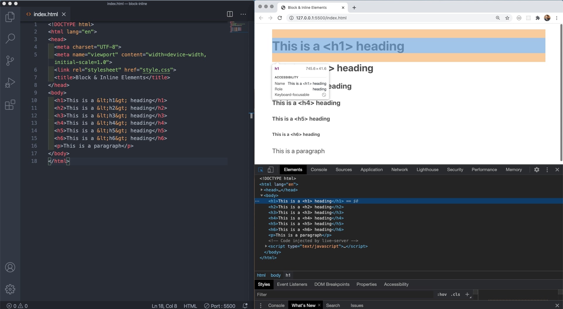 block level elements being inspected in DevTools