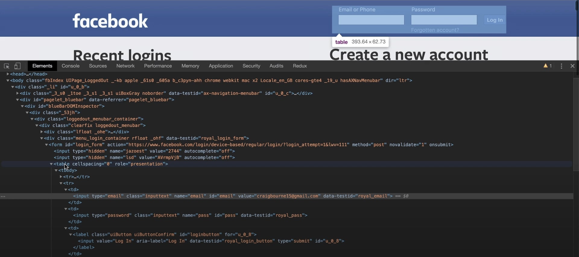 Facebook login form